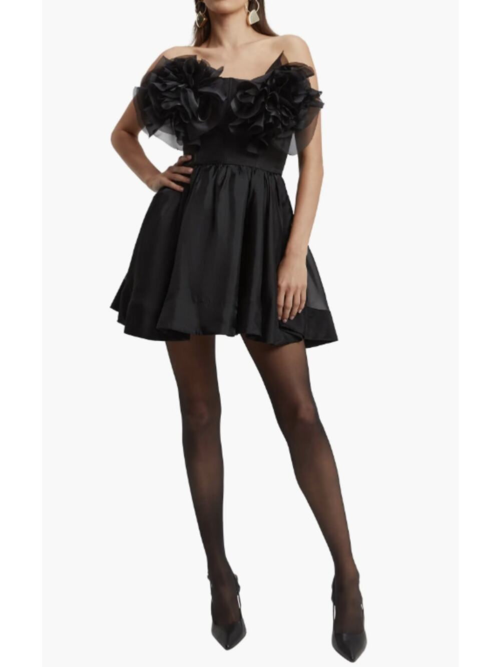 Bardot Black Organza Flower Accent Strapless Mini Dress Fit & Flare Size 8